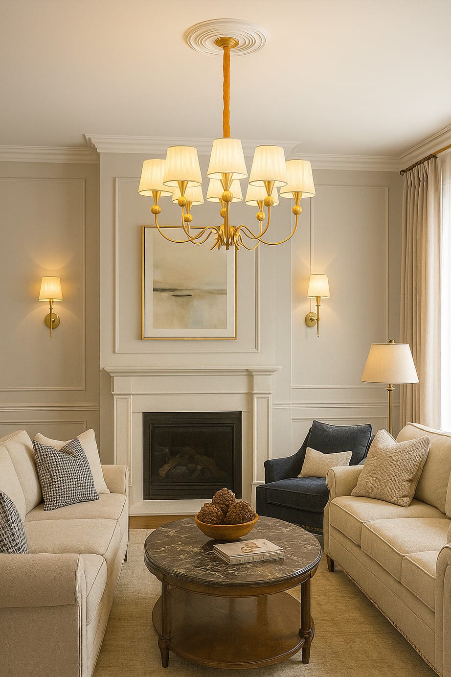 HDC Modern Golden Fabric Shade Chandelier for Bedroom, Living Room