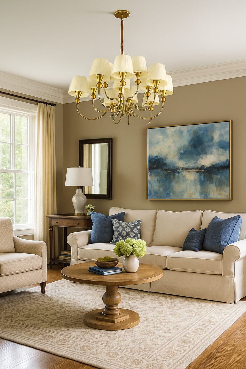 HDC Modern Golden Fabric Shade Chandelier for Bedroom, Living Room