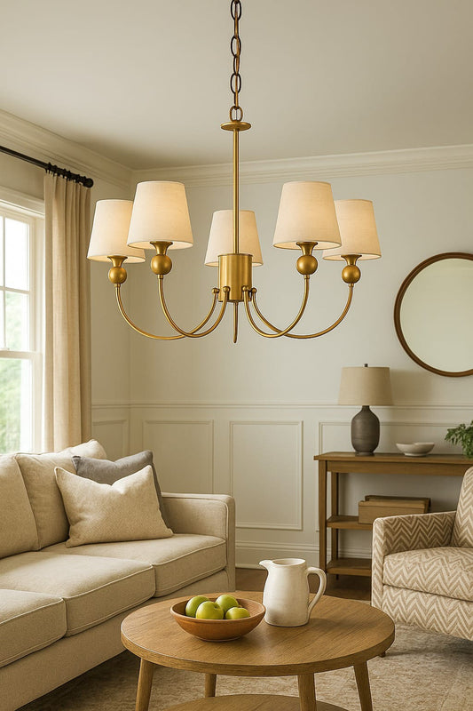 HDC Modern Luxury White Fabric Shade Gold Metal Ceiling Hanging Chandelier