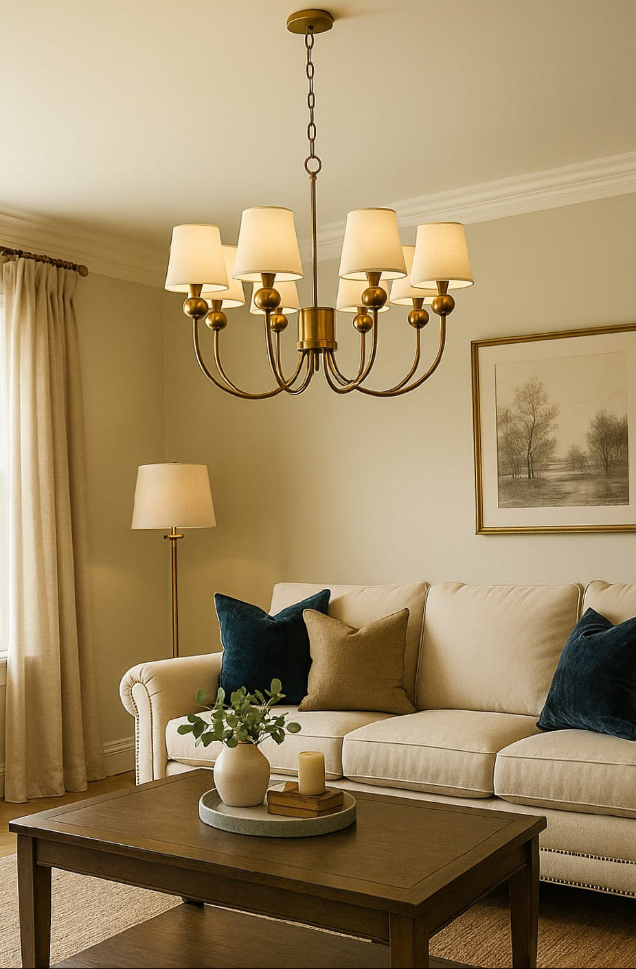 HDC Modern Luxury White Fabric Shade Gold Metal Ceiling Hanging Chandelier