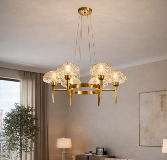 HDC 6 Lights Modern Amber Glass Ring Chandelier for Bedroom, Living Room