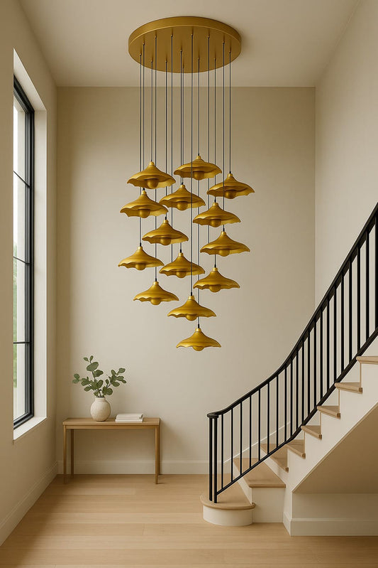 HDC Modern 12 Light Golden Acrylic Multi-Light LED Chandelier for Double Height Living Room, Staircase