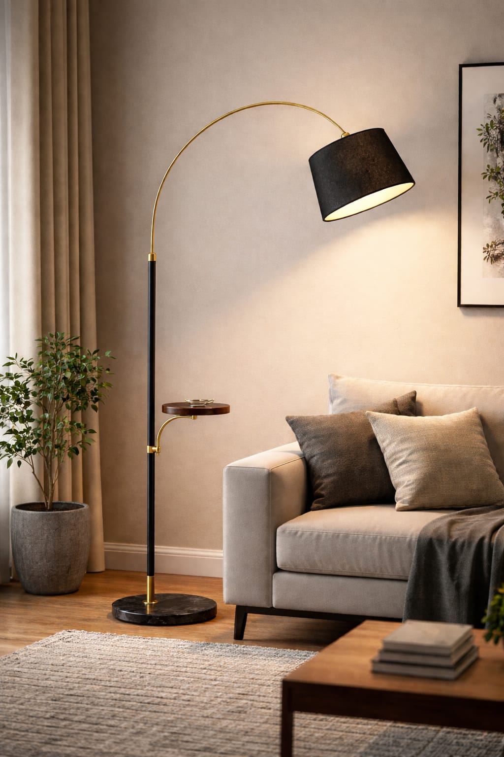 HDC Modern Black & Gold Arc Floor Lamp with Side Table & Wireless Charging