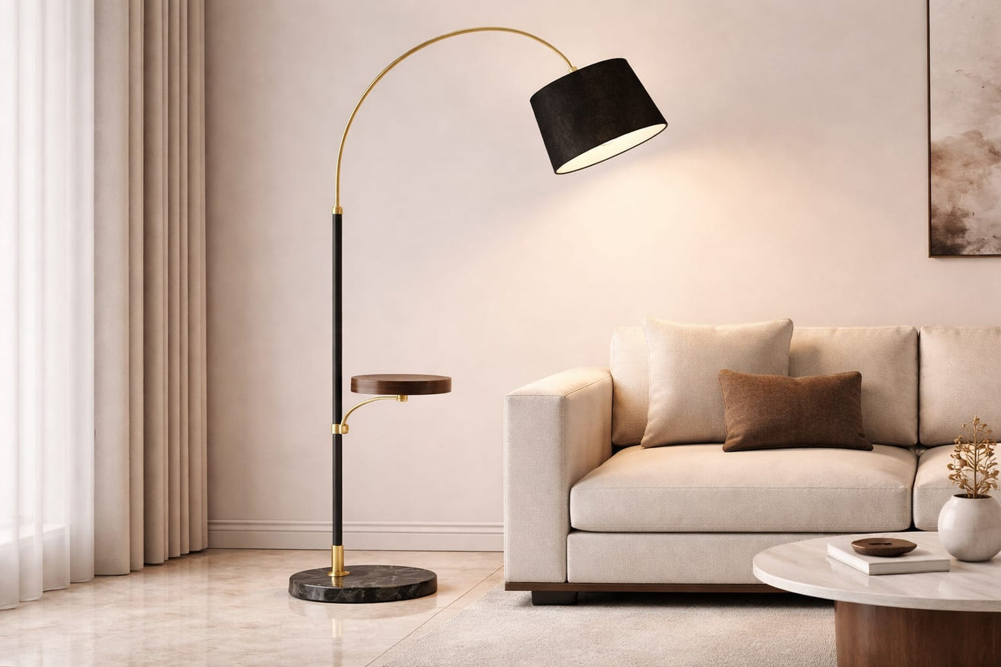 HDC Modern Black & Gold Arc Floor Lamp with Side Table & Wireless Charging