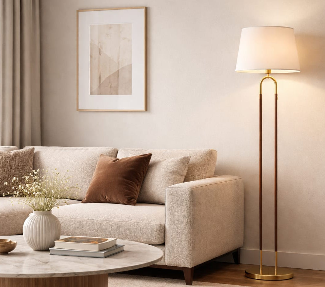 HDC Modern Brass & Wooden Floor Lamp with Fabric Shade for Bedroom, Living Room