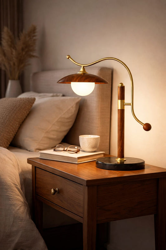 HDC Modern Walnut Wood Table Lamp with Frosted Glass Shade