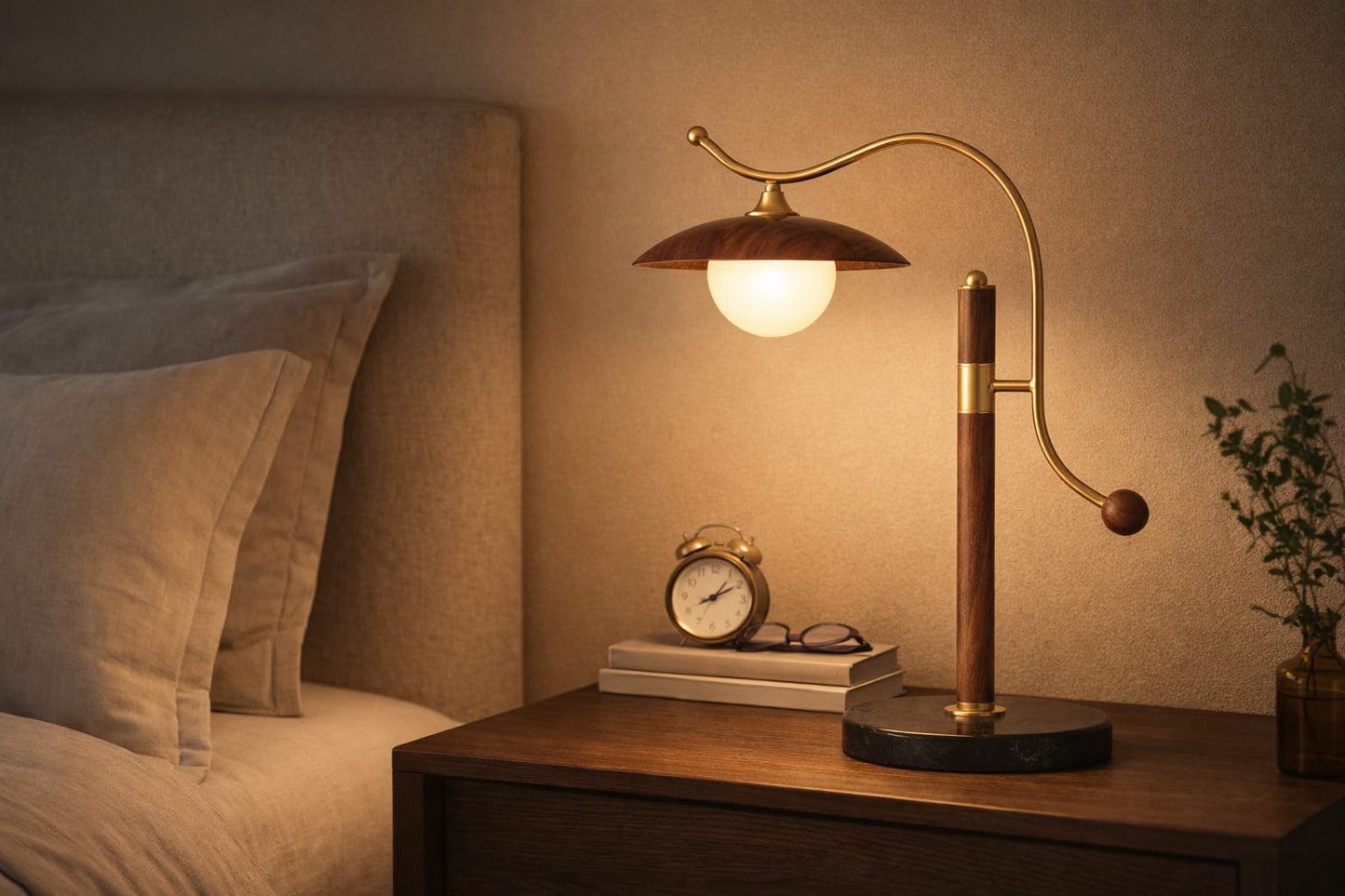 HDC Modern Walnut Wood Table Lamp with Frosted Glass Shade