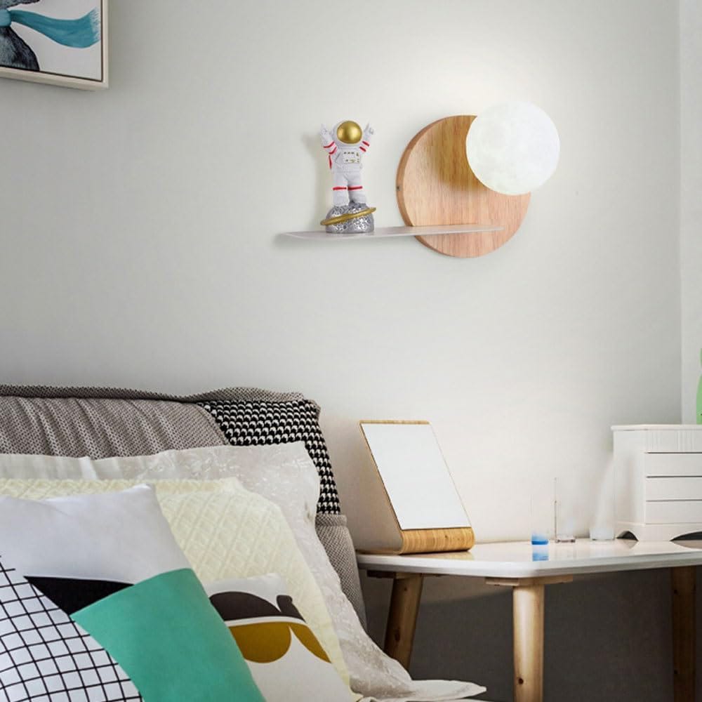 HDC Modern Moon Shelf Wall Light with Wooden Back Panel for Bedroom, Living Room