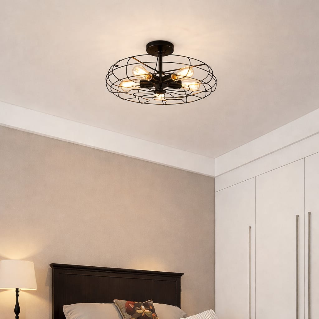 HDC Industrial Vintage Metal Cage Semi Flush Ceiling Light for Bedroom, Living Room