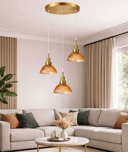 HDC Modern Amber Glass 3-Light Cluster Pendant Light for Living Room, Bedroom