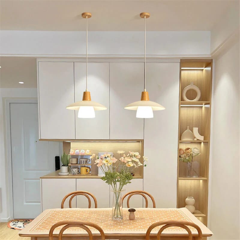 HDC Modern Wooden White Pendant Light for Bedroom, Living Room
