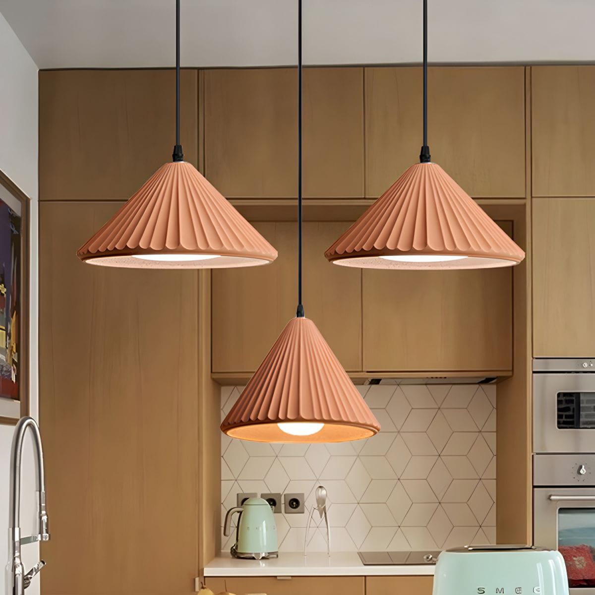 HDC Modern Ribbed Concrete Pendant Light for Bedroom, Living Room