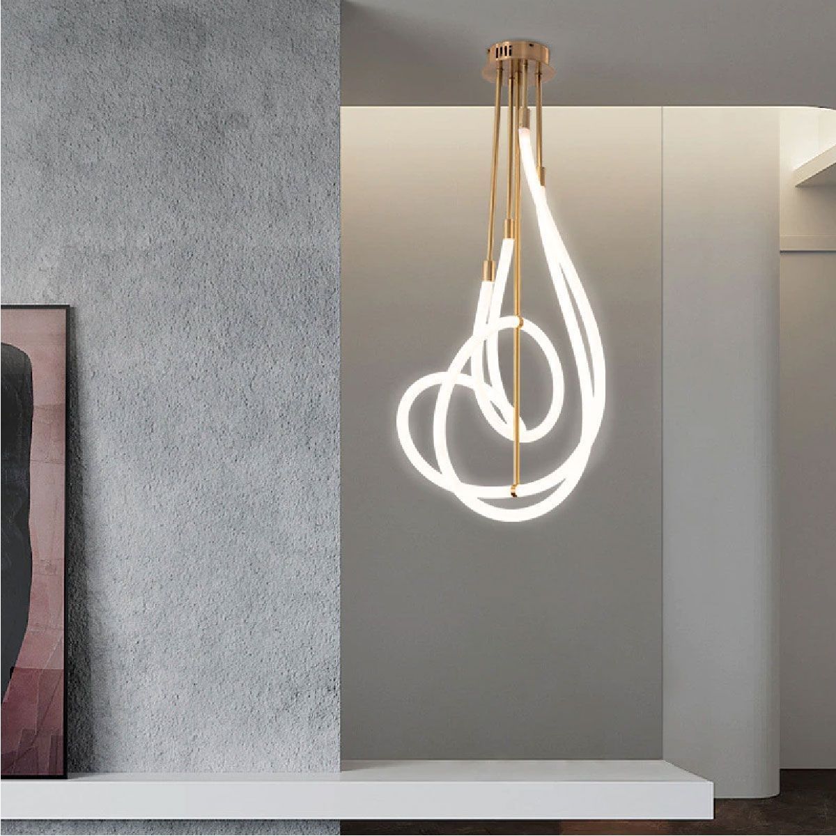 HDC Aurora Loop LED White & Gold Neon Artistic Hanging Chandelier For Living Room, Dining