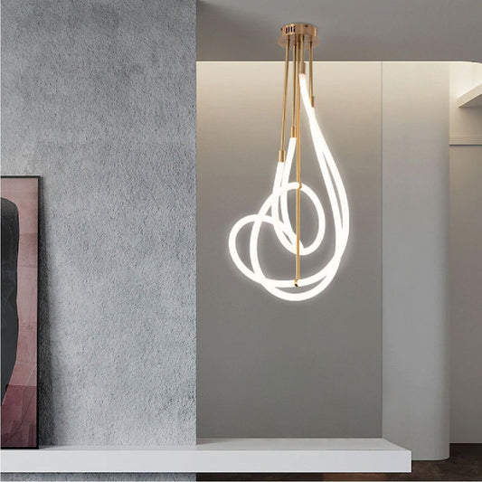 HDC Aurora Loop LED White & Gold Neon Artistic Hanging Chandelier For Living Room, Dining