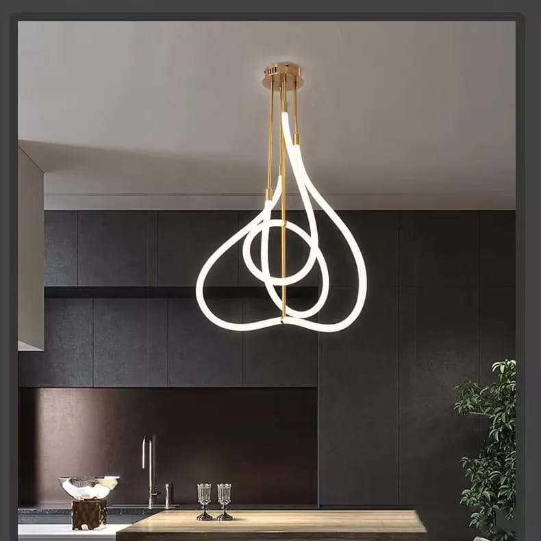 HDC Aurora Loop LED White & Gold Neon Artistic Hanging Chandelier For Living Room, Dining