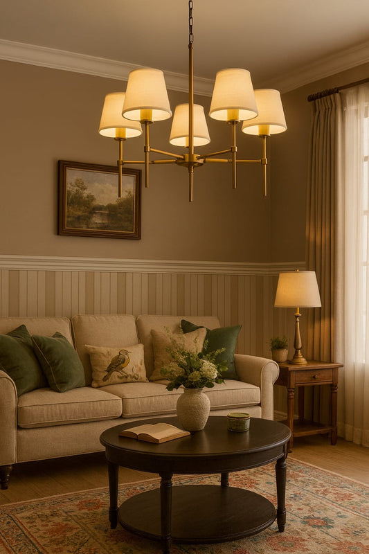 HDC  5-Light Metal & Wood Classic Golden Fabric-Shade Chandelier For Living Room