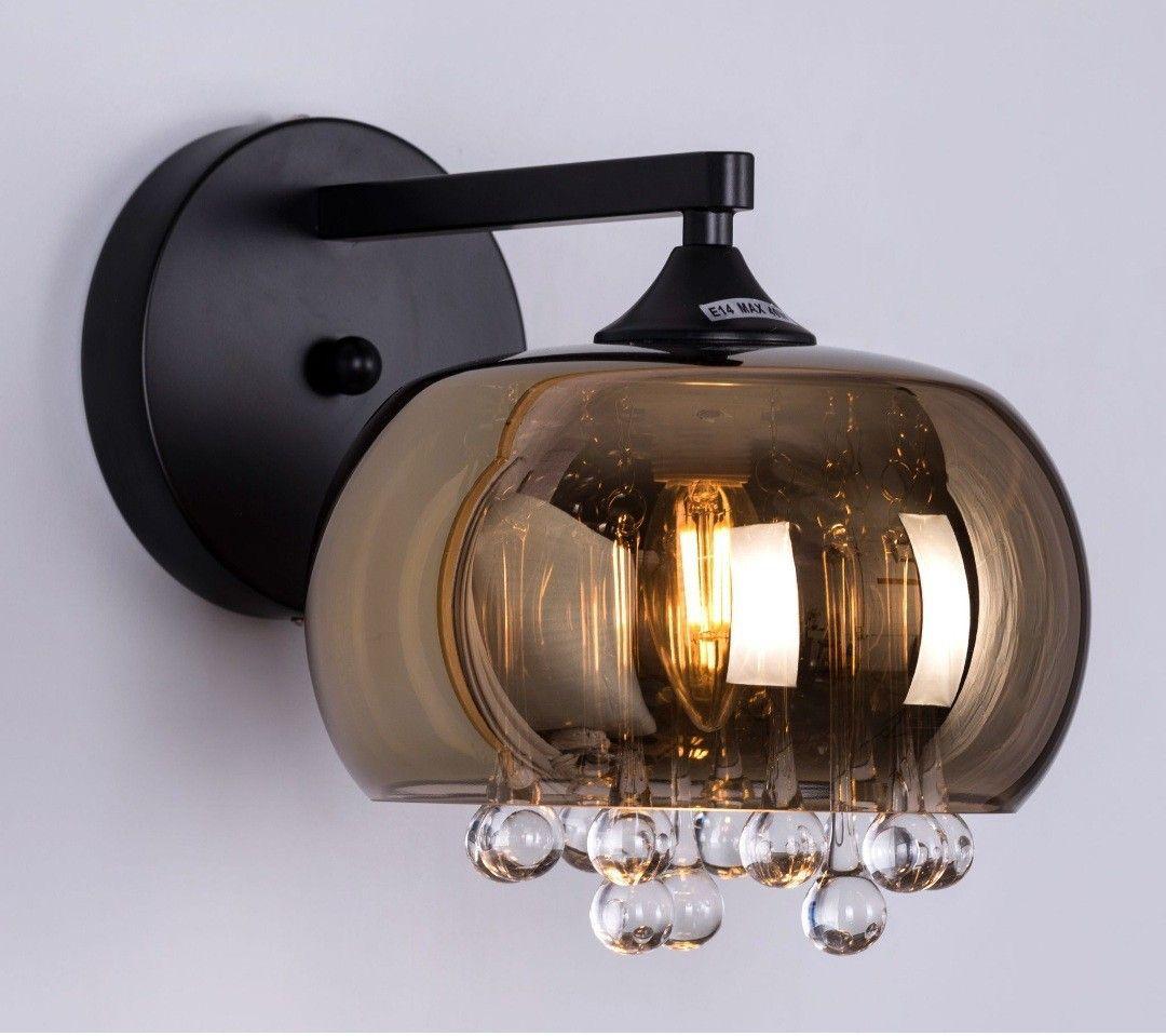 HDC Modern Amber/Smoke Glass Wall Light with Crystal Droplets For Living Room