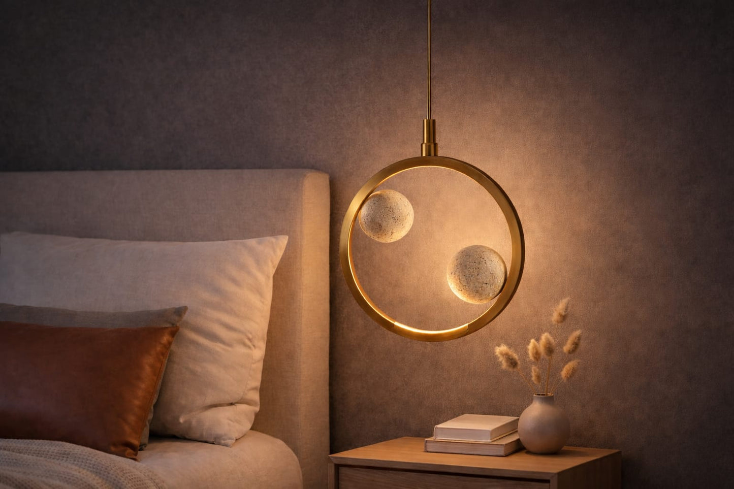 HDC Modern Round/Square/Triangle Travertine Brass LED Pendant Light for Bedroom, Living Room