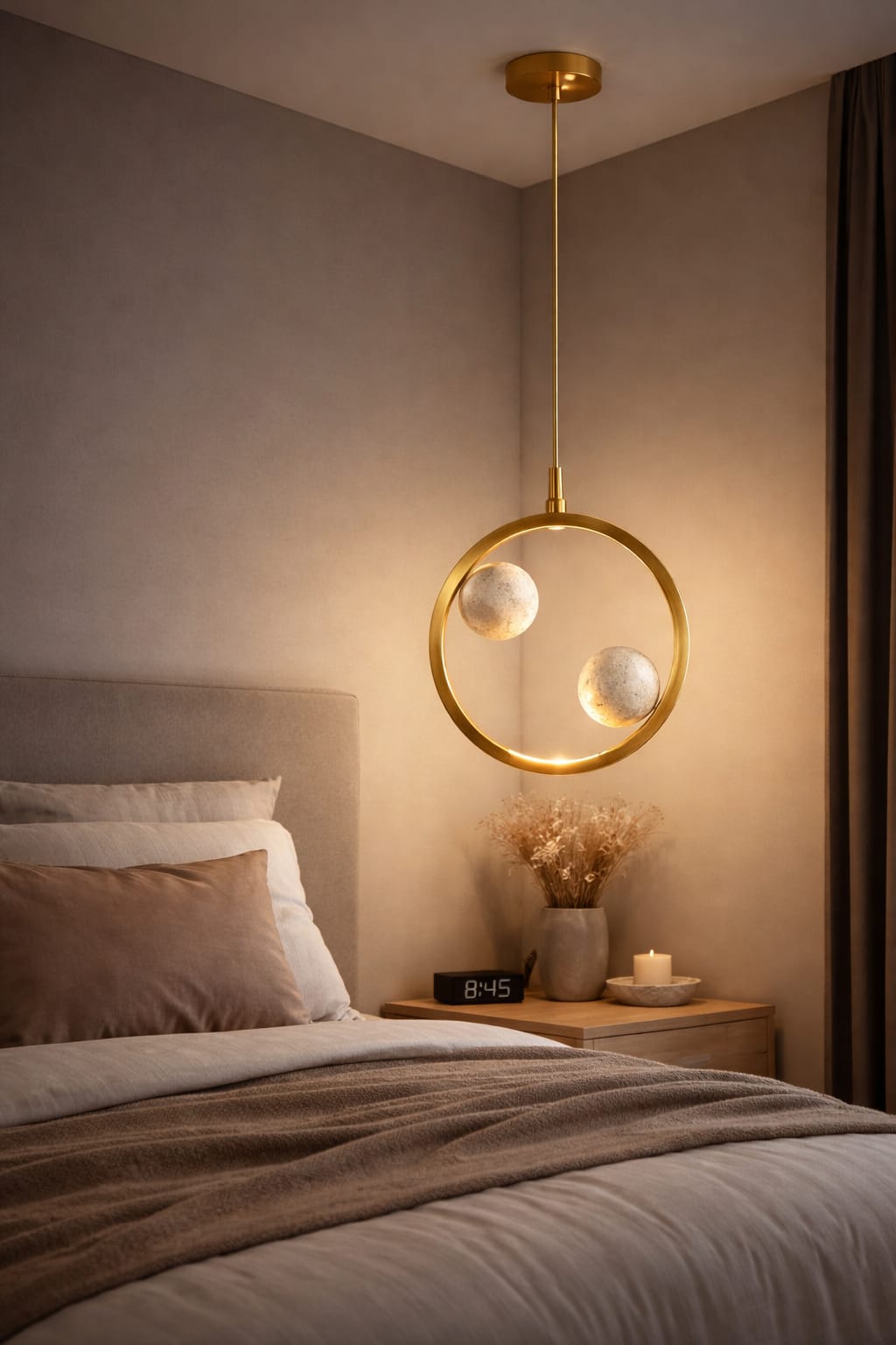 HDC Modern Round/Square/Triangle Travertine Brass LED Pendant Light for Bedroom, Living Room
