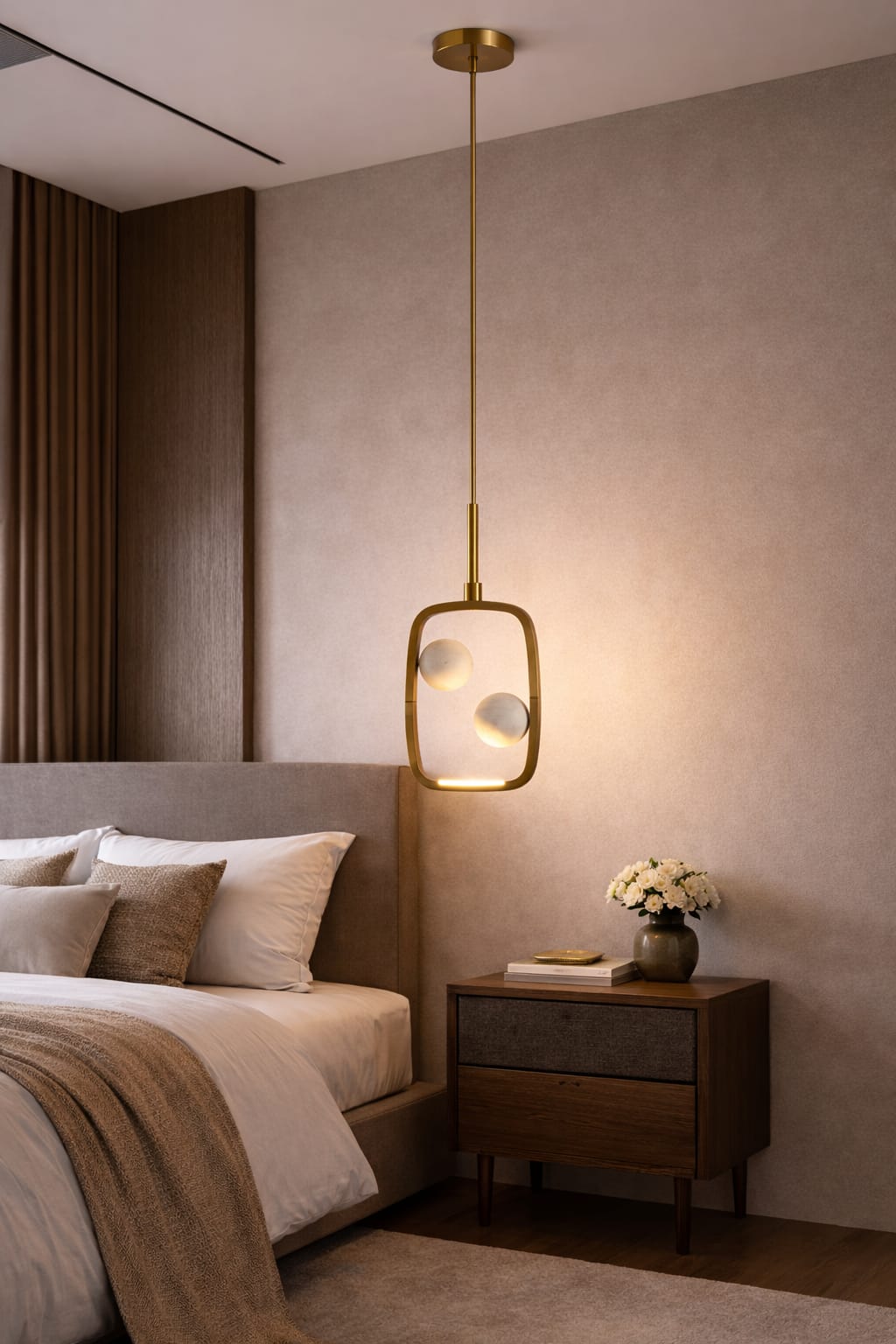 HDC Modern Round/Square/Triangle Travertine Brass LED Pendant Light for Bedroom, Living Room