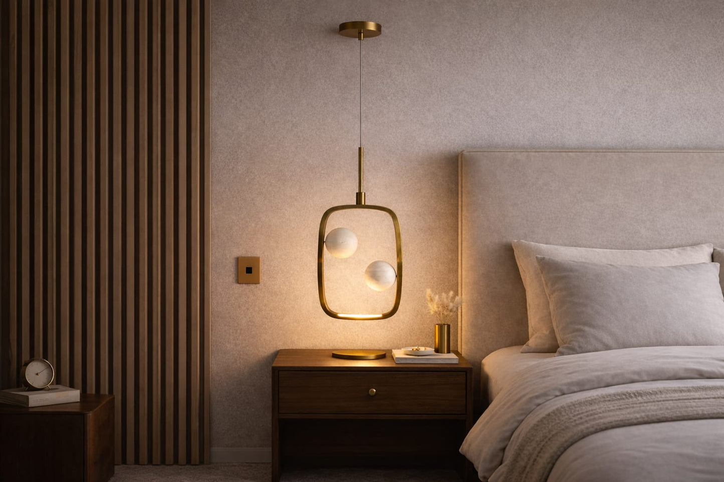 HDC Modern Round/Square/Triangle Travertine Brass LED Pendant Light for Bedroom, Living Room