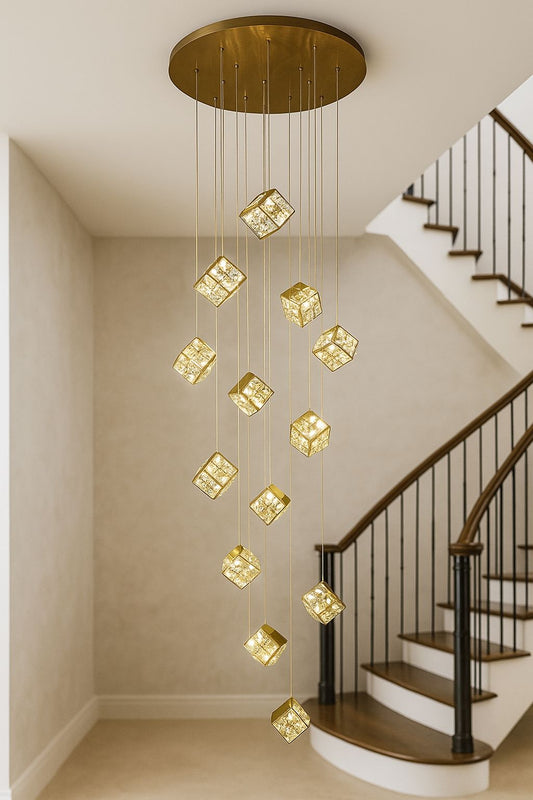 HDC 18 Lights Led Cubes Gold Crystal Double Height Stair Chandelier- Tricolor