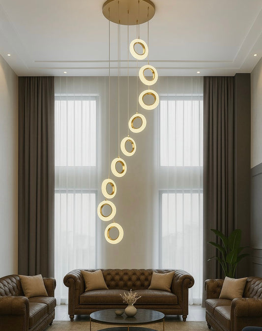 HDC 10 Lights Led Ring Gold Double Height Long Stair Chandelier