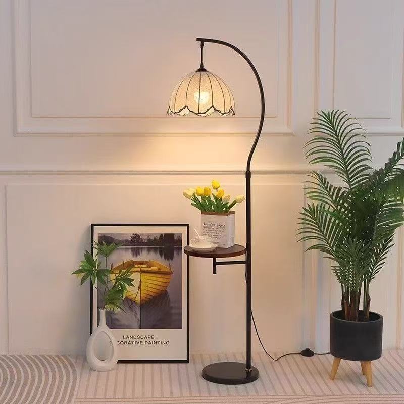 HDC Luxury Arc Floor Lamp with Side Table – Vintage Fabric Shade