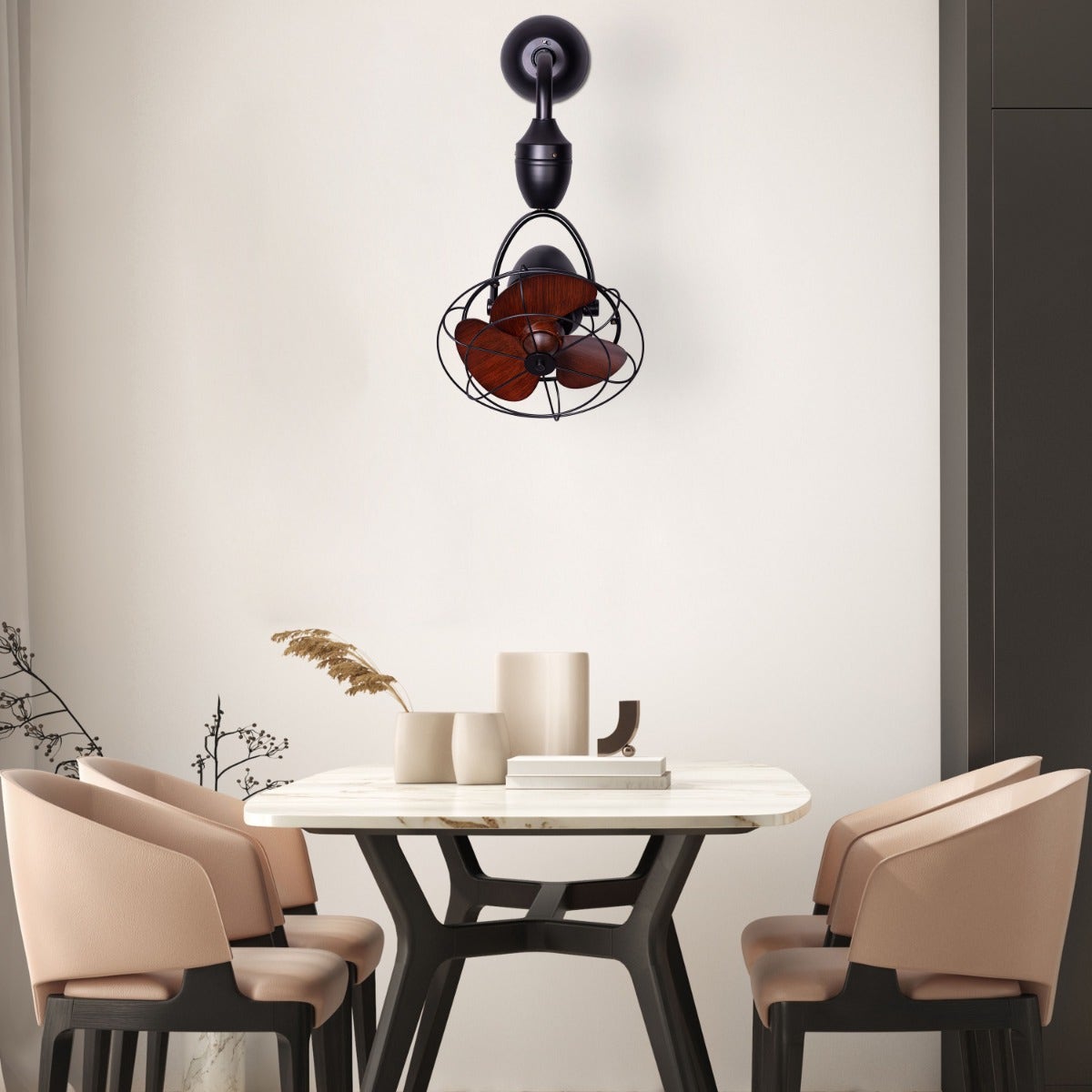 HDC 12 inches Vintage Industrial Wall Fan Light with Wooden Blades & Metal Cage