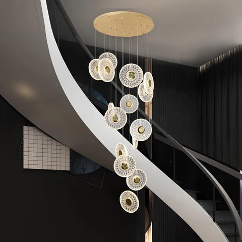 HDC 8 Lights LED Gold Acrylic Circular Plate Double Height Stair Chandelier- Tricolor