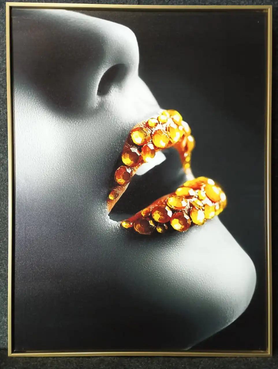 Hdc Golden Makeup Woman Lips with Gems Portraits Aesthetic Wall Art Poster for Living Room, Home & Wall Decor