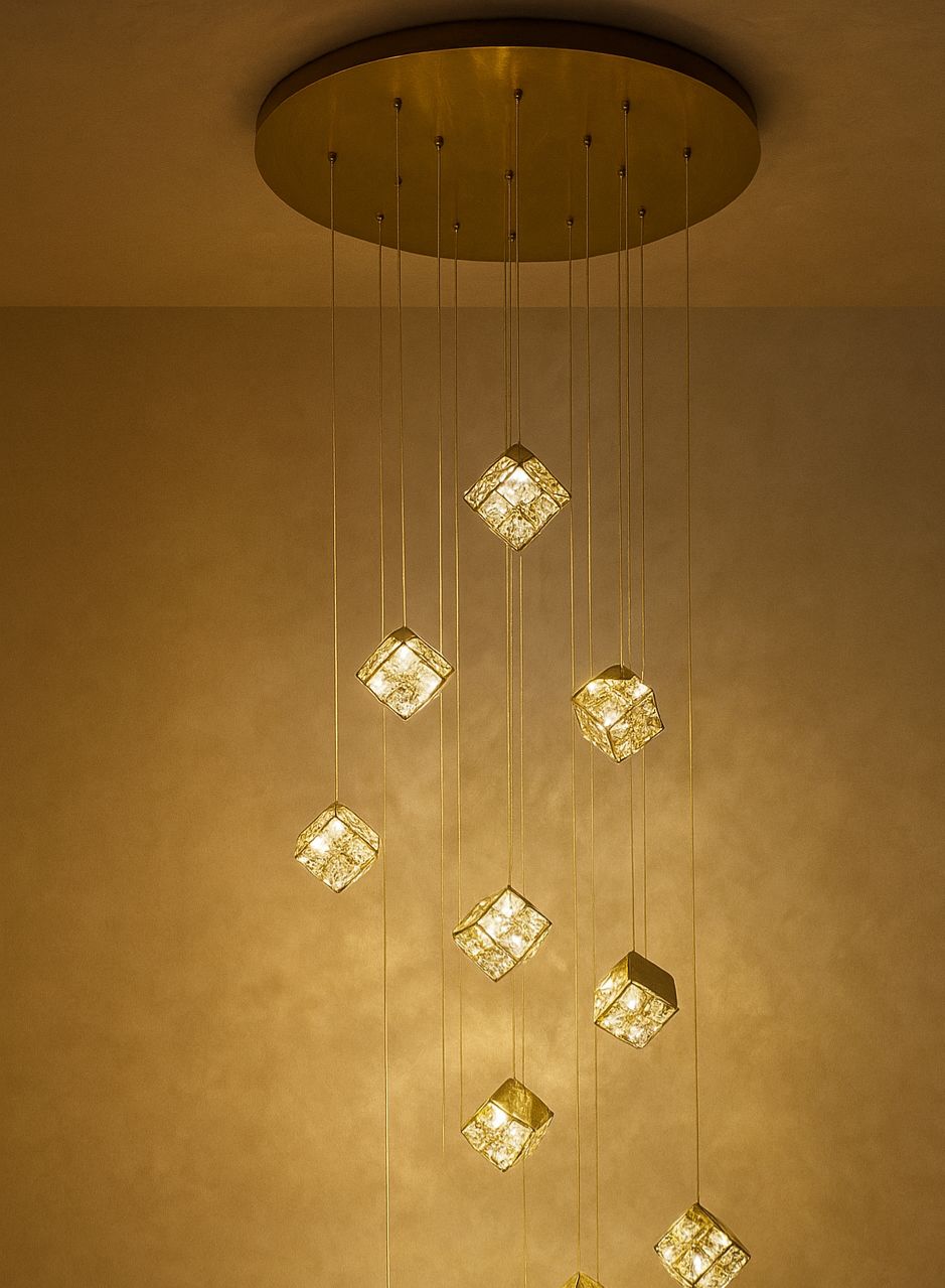 HDC 18 Lights Led Cubes Gold Crystal Double Height Stair Chandelier- Tricolor