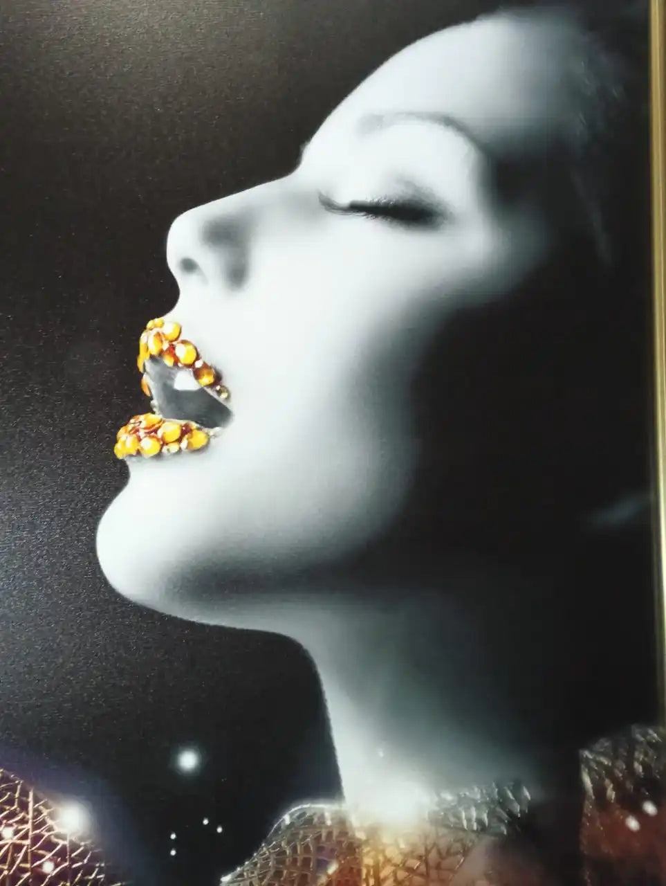 Hdc Golden Makeup Woman Lips with Gems Portraits Aesthetic Wall Art Poster for Living Room, Home & Wall Decor