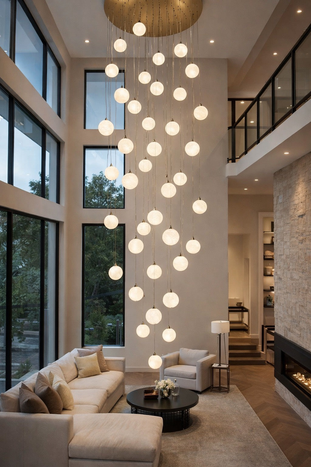 HDC 22 Lights Luxury Multi-Drop Moon Ball LED Chandelier for Staircase & Double Height Ceiling