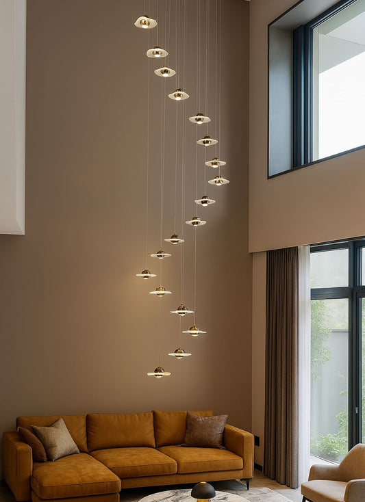 HDC 15 Lights Led Gold Black Meteor Shower Double Height Long Stair Chandelier