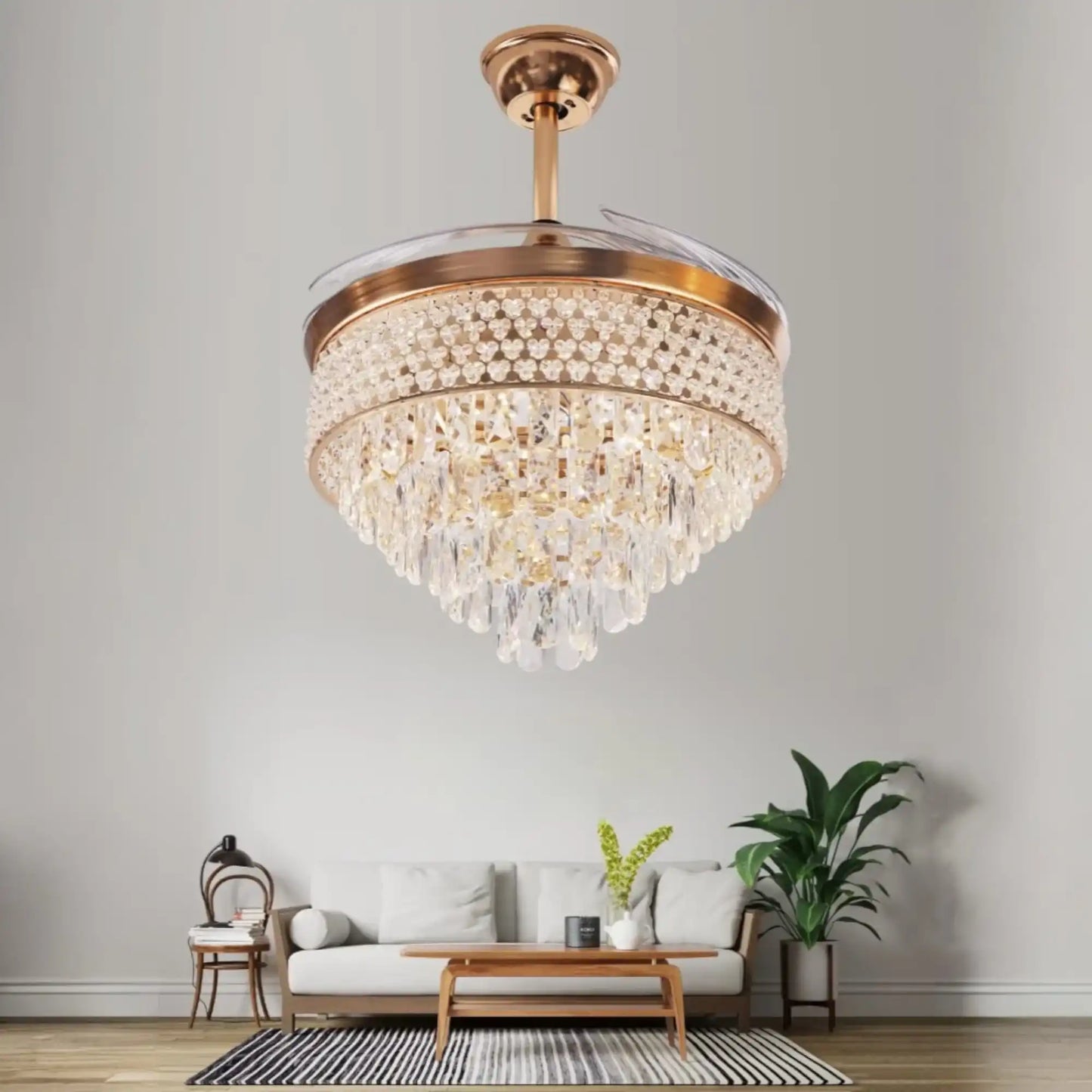 Hdc Invisible Ceiling Fan Chandelier Crystal And Remote Control 4 Retractable Abs Blades