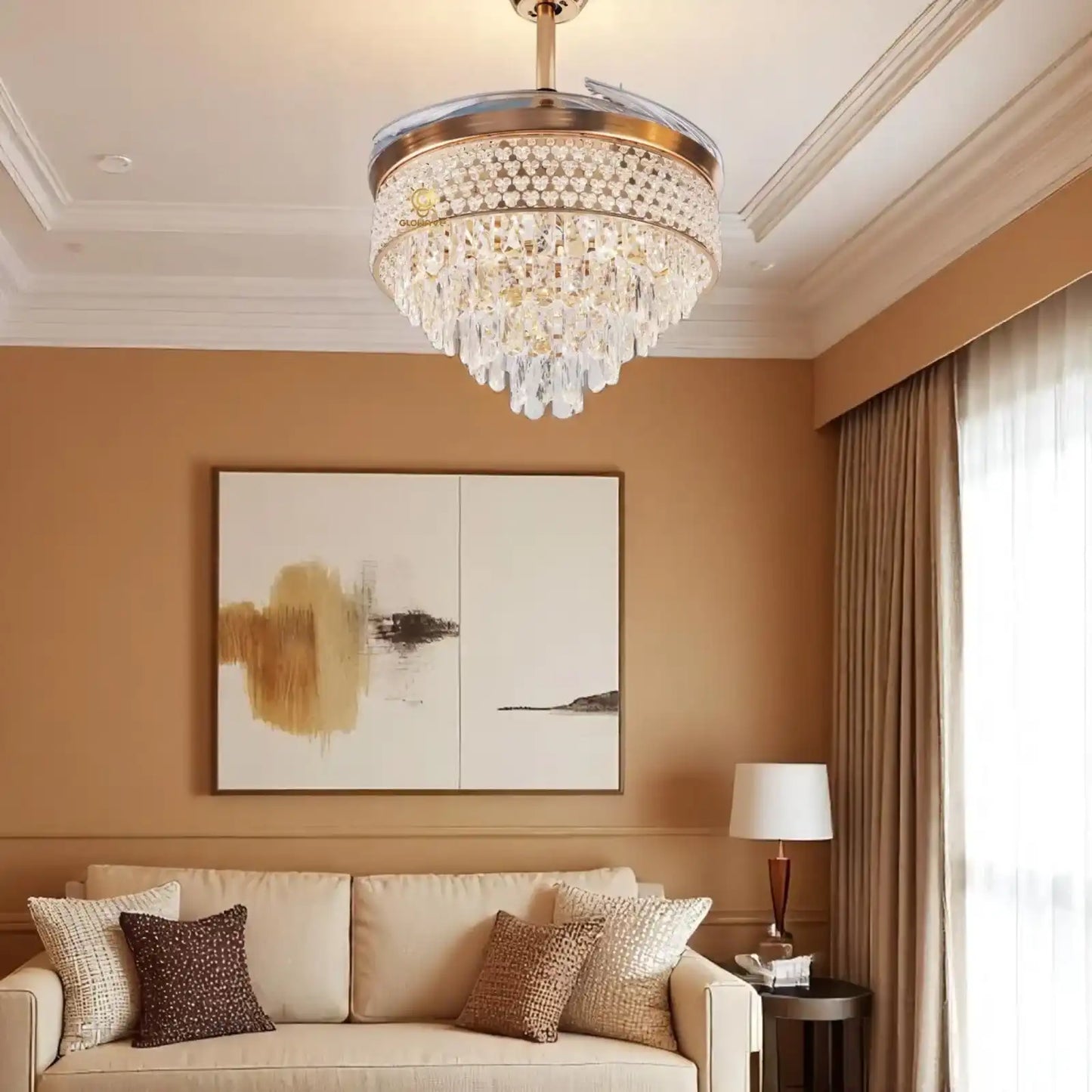 Hdc Invisible Ceiling Fan Chandelier Crystal And Remote Control 4 Retractable Abs Blades