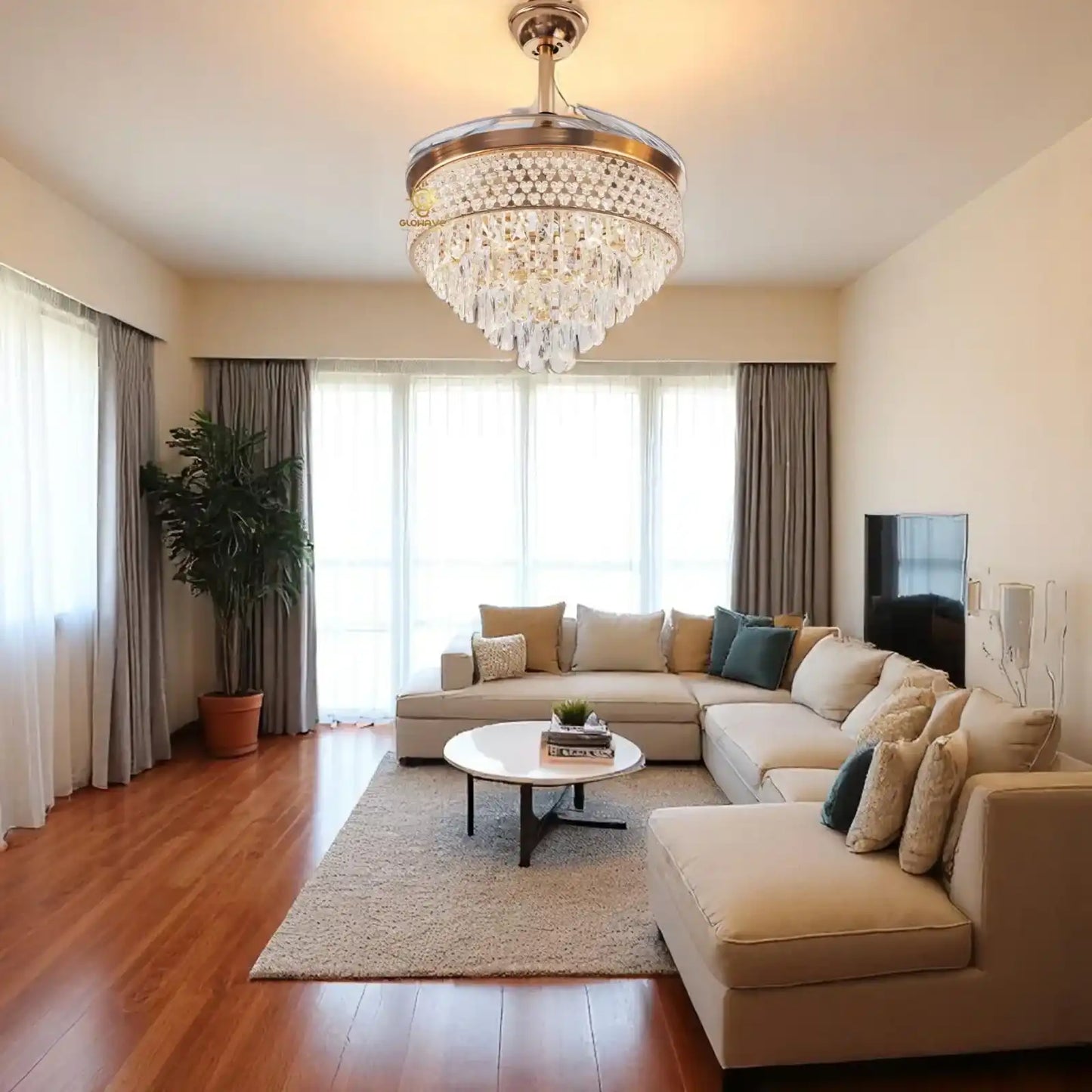 Hdc Invisible Ceiling Fan Chandelier Crystal And Remote Control 4 Retractable Abs Blades