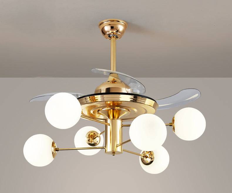 Hdc 6 Light Frost Glass Ceiling Fan Chandelier 36 Inch Gold Retractable Light Led 3 Color Setting Control With Remote