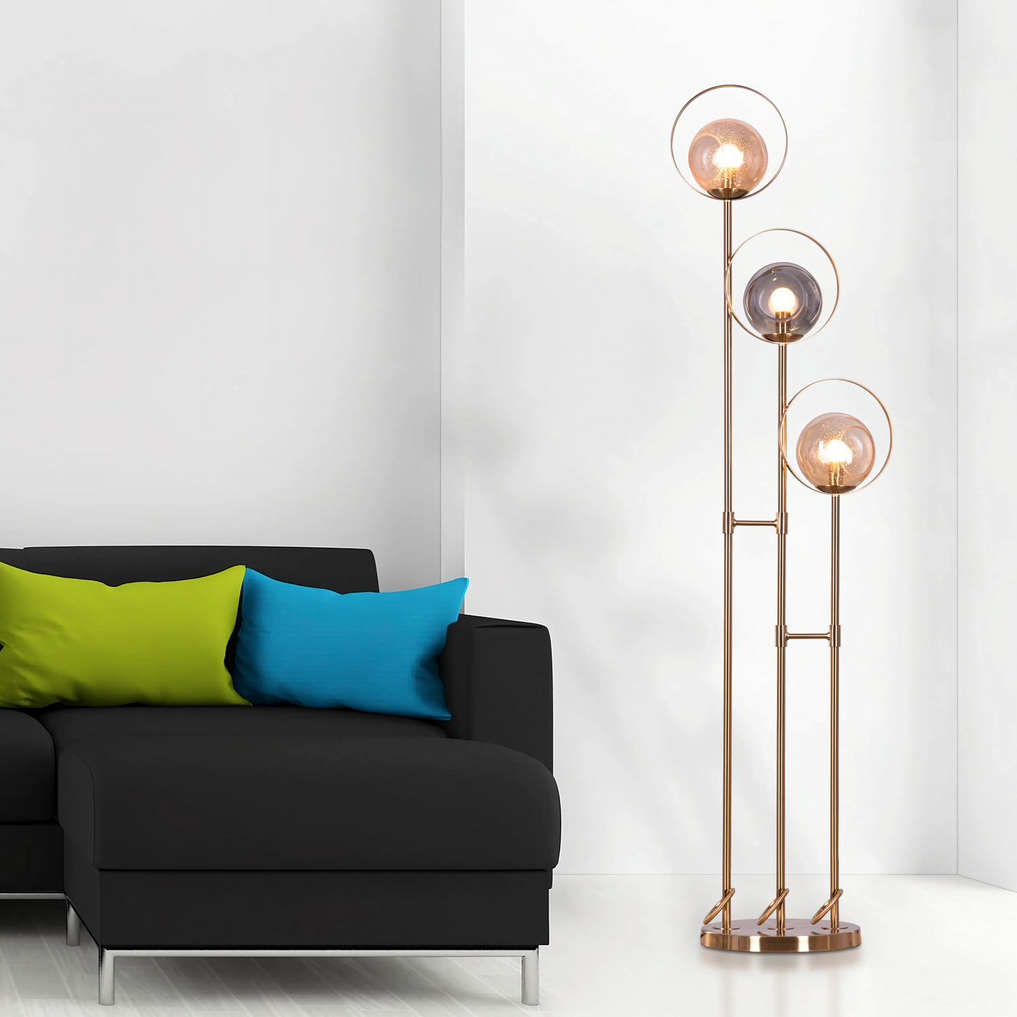 Hdc 3 Light Metal Amber And Smoke Glass Standing Floor Lamp