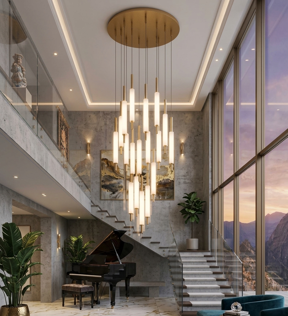 HDC 18 Lights Tube Shape Luxury Double Height Hanging Chandelier for Staircase & Lobby