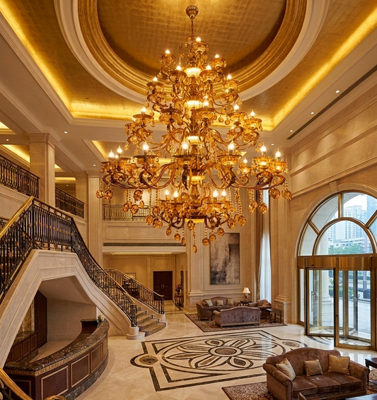 HDC 45 Light Luxury Gold Crystal Multi-Tier Chandelier for Double Height Living Room, Hotel Lobby & Staircase