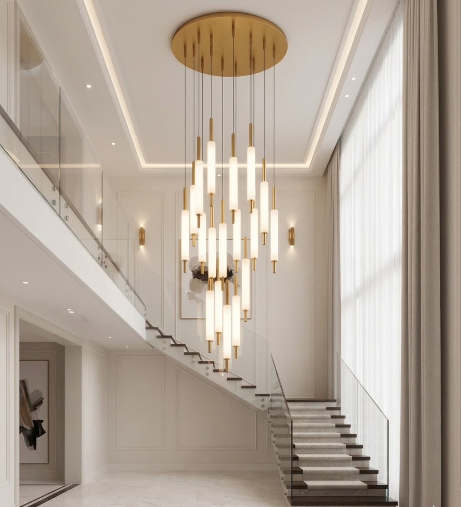 HDC 18 Lights Tube Shape Luxury Double Height Hanging Chandelier for Staircase & Lobby