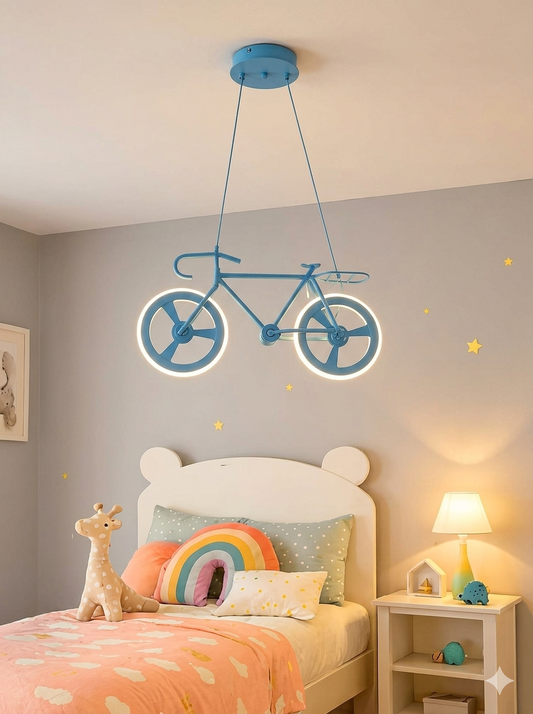Hdc Kids Bicycle Ceiling Light Modern LED Hanging Pendant Fixture for Girls Bedroom | Creative Bike-Themed Light with Glowing Wheel Rings | Perfect for Playroom, Study Area, or Nursery