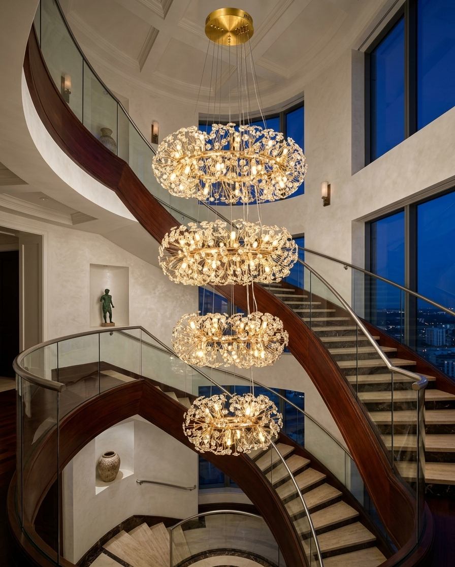 HDC 800+700+600+500mm Luxury Crystal Double Height Chandelier for Staircase & Duplex Living Spaces