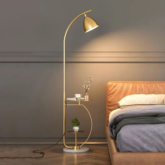 HDC Luxury Gold Floor Lamp with Built-in Side Table – Modern Bedroom & Living Room Standing Light