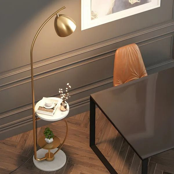 HDC Luxury Gold Floor Lamp with Built-in Side Table – Modern Bedroom & Living Room Standing Light