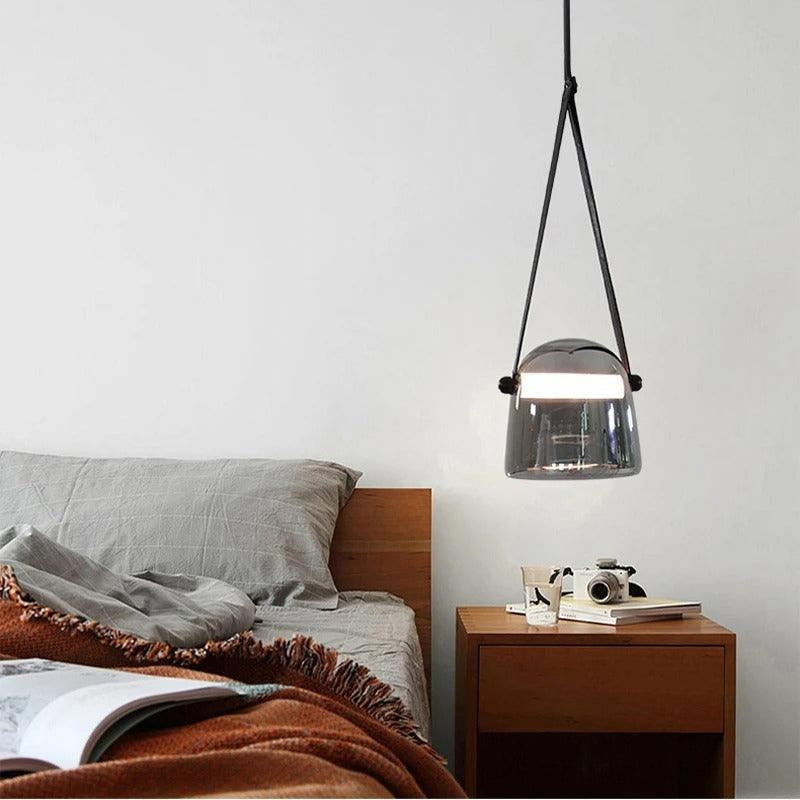 Hdc 1 Light Led Glass Smokey Black Pendant Lamp With Leather Strap Ceiling Light - Tricolor