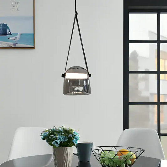 Hdc 1 Light Led Glass Smokey Black Pendant Lamp With Leather Strap Ceiling Light - Tricolor