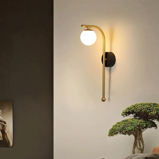HDC Minimalist Globe Wall Lamp with Curved Metal Arm Modern Gold Wall Light